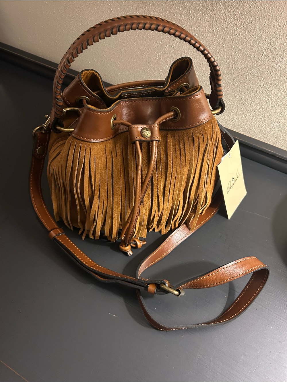 Patricia Nash Tan/Brown Fringe Drawstring Bucket Bag NWT